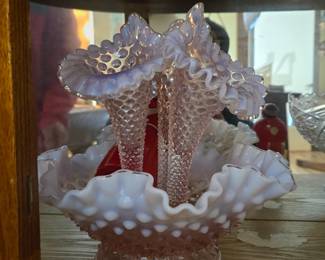 Fenton French Pink Opalescent Hobnail Epergne