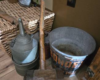 HUGE Antique Circus/Carnival Wooden Mallet And Bondex Cement Paint Advertising Galvanized Bucket