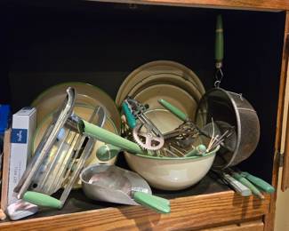 TONS Of Cream And Green Enamelware