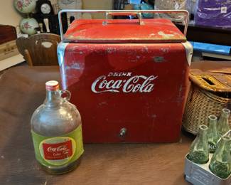 Coca Cola Metal Cooler With Tray And Coca Cola 1 Gallon Glass Syrup Jug With Label