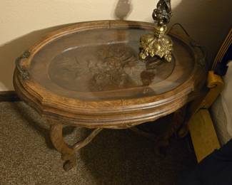 Handcarved Coffee Table With Removable Glass Tray