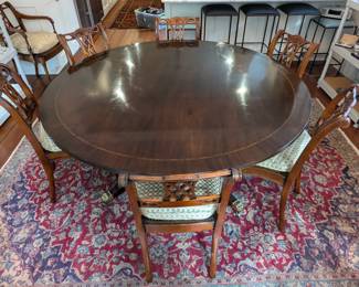 Better picture of the Councill Craftsman banded mahogany pedestal table, and Persian Tabriz rug.