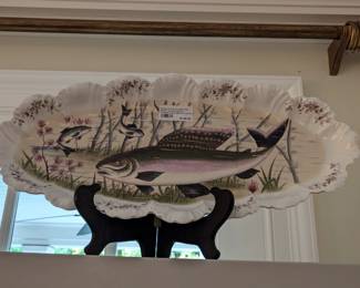 Antique French hand-painted porcelain oval fish platter.