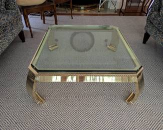 Vintage Karl Springer, for Mastercraft brass table, w/beveled glass, Ming Chow legs, 39" L x 15" T. This table was recently completely reworked, by Buckhead Plating ($$$) with no lacquer finish, so the brass will age to a wonderful patina.