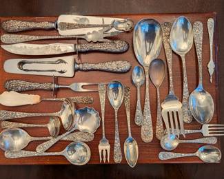 Here are the 30 serving pieces in the Steiff "Repousse" sterling silver flatware set.