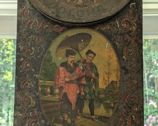 One of a pair of antique tin tole Chinoiserie decorated tea canisters - Oolong & Imperial.