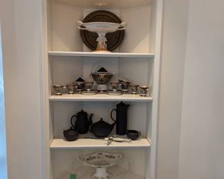 Silver plated serving tray, 1800's English porcelain compote, mixed metals round serving tray, 9-piece set of Thun Studio "Eva" porcelain tea set, by Lastovicka, #218, 5-piece set Wedgwood (England) black basalt tea/coffee service, English porcelain compote and rare 1800's Doulton Burslem 2-piece Royles Patent toilet Aquarius .