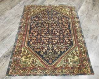 Vintage hand-woven Persian Hamadan rug, measures 3' 6" x 4' 10".