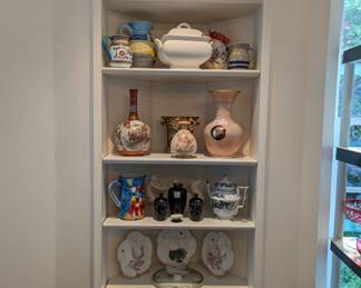 Various European tureens, vases, pitchers, oyster plates and vintage 12-piece 6-color Wedgwood "Grand Tour" collection teacups and saucers, NIB.
