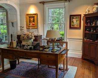 Antique French directoire walnut table desk with leather top, 5 drawers and matching leather-topped end slides, vintage 3-light desk lamp, w/green marble details, and antique copper desk set.