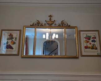 Vintage LaBarge gold gilt triple mirror, with urn finial, pair of nicely framed/matted fruit prints.