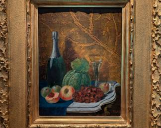 The other of the pair of finely detailed, artist-signed fruit still life original oils on canvas, in gold gilt frames.