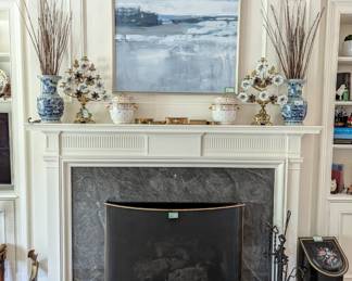 Pair of blue/white Asian vases, pair of antique French porcelain fruit coolers, pair of antique French alter candelabras, pair of matching window seats, antique set of English cast iron fireplace tools and custom-made fire screen, by Art Stone and Marble.