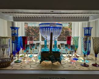 More of the lovely colored glass collection, including rare set of Nason and Moretti (Italy) hand-blown glass champagne flutes, by Baracchi Giulla.