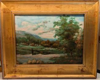 Nicely framed original oil on canvas, farmer with sheep.
