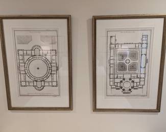 Pair of nicely framed/matted vintage architectural plans, "Plan pour un Palais Royal" and "Plan d'un Monastere ou Abbaye".