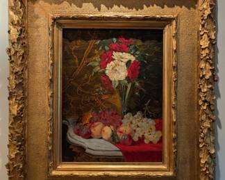 One of a pair of finely detailed, artist-signed original oils on canvas, fruit/floral still life, in gold gilt frames.