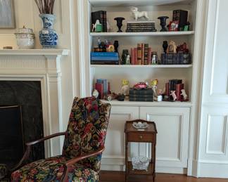 Bookcase with old books, cast iron toy collection, antique English smoking stand and ABCG items.