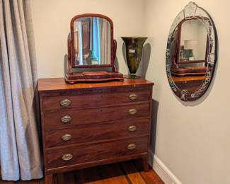 Antique mahogany 4-drawer chest, w/original brass pulls, antique English mahogany shaving mirror, hand-blown glass vase and Venetian wall mirror.