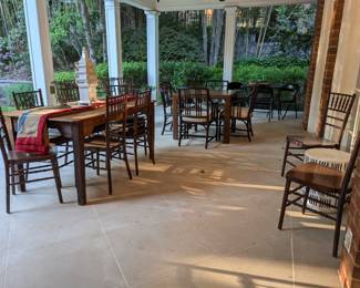 Antique teak farm table, w/set of six fruitwood resin Chiavari stackable side chairs - 14 available, pair of antique French pedestal urn twisted wire baskets (10" tall) and white glazed pottery Dutch tulipiere.