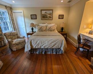 Queen size bed, with custom-made upholstered toile headboard, pillow cases and complimentary dust ruffle, pair of MCM walnut end tables, w/single drawer, by Fallon and Hellen Furn. Co., Baltimore, MD., pair of table lamps, w/shades. finials, pair of toile upholstered armchairs and antique wooden armchair.