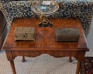 Antique walnut marquetry side table, pair of antique metal boxes and vintage brass/glass French empire vintage hand-woven Persian Hamadan rug, measures 3' 6" x 4' 10".