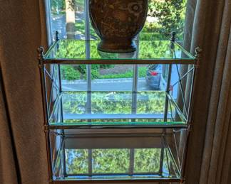 Contemporary chrome/glass "Newbury" etagere, by Restoration Hardware, w/champleve vase.