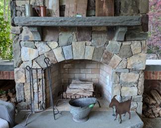 Three original oils on weathered board, by listed Atlanta artist, Wayland Moore, 1935-2022, pair of rusty ol' goats, galvanized coal scuttle and cast iron fire tool set.