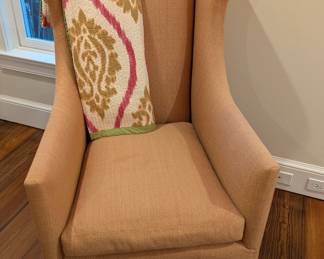 Nicely upholstered updated "Ellington" wingback chair, by Dessin Fournir Co., w/batik throw.