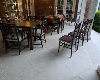 Square woven leather-look table, from Harrison/Van Horn, L.A., CA, set/4 faux bamboo armchairs, by Baker/McGuire, of S.F., CA.