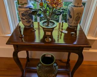 Pair of blue/white Asian porcelain vases, vintage Asian stone chrysanthemums, in cloisonné pot, collection of English brass mini-candlesticks and champleve vase.