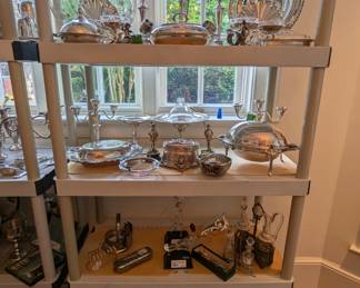 Collection of silver plated serving pieces, holloware, trays, sterling candleholders, flatware, etc.