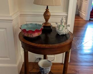 Antique Empire gueridon table, w/single drawer, leather top, 25 1/2" d x 28" t, marble table lamp, w/string shade, Victorian herringbone air-trap MOP satin glass bride's basket, blue/white Asian planter, English porcelain 2-piece server.