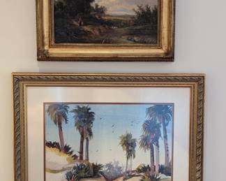 Nicely framed/matted original watercolor by Sea Island (GA) artist, Betty Lowe. Top, antique original oil on canvas by listed English artist W.W. Williams.