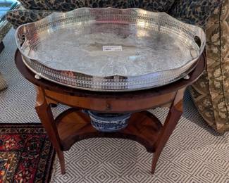 Louis Philippe oval table, w/inlay, single drawer and bottom shelf, ca. 1850, with vintage Ellis-Barker silver plated gallery tray.