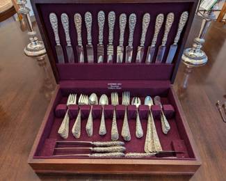 70-piece set of Steiff "Repousse" sterling silver flatware, in wooden presentation box, lined with pacific cloth. There's an additional 30 serving pieces.