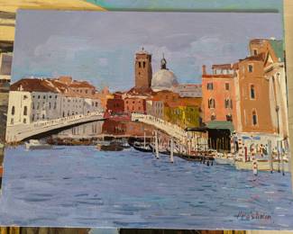 Original oil on board of Le Pont Sculzi, by listed Russian artist, Dmitriy Proshkin.
