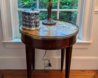 19th Cent. French bouillotte table, w/brech D'alep marble top, brass gallery and single drawer, blue/white Asian porcelain butterfly stacking box and Tiffany style stained glass table lamp.