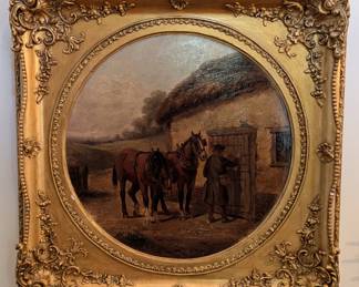 Antique equestrian oil on canvas by listed English artist in gold gilt frame.