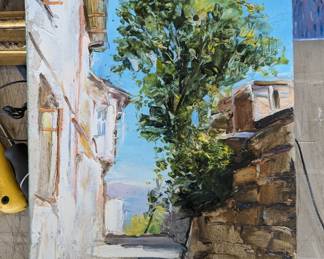 Original oil on board of stone wall, tree, house, by Russian artist, Potapenko.