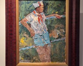 Nicely framed original oil on canvas "Young Pioneer Leader" by listed Russian artist, Evgeny Borisovich Khoroshilov, 1964; signed in Cyrillic on reverse.