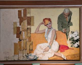 Close-up of the amazing, artist-signed, MCM original oil on board, by listed artist, Alfred "Al" Leslie Buell, 1910-1996. Buell was active/lived in New York and Kansas, known for pin-up girl illustration, paperback covers and commercial art. This piece was painted, with a sweet, personal note to his art student, listed Atlanta artist, Wayland Moore, "With best wishes to a future top illustrator, you can go as far as you will".