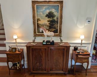 Antique mahogany cabinet, with inlay, from Bobby Dodd Antiques, pair of antique rosewood French Louis XV style 2-drawer bedside tables, with marquetry and slides, pair of vintage glass candlestick boudoir lamps, pair of antique brass/marble single candlesticks, antique oil on canvas landscape painting, by listed English artist, D. Buson and antique Tang Dynasty horse on wooden stand.