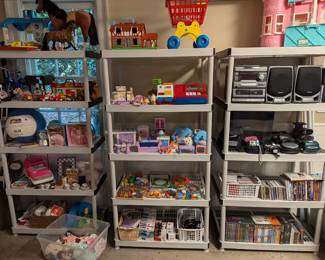 Kid's toys, bookshelf stereo, C.D's.