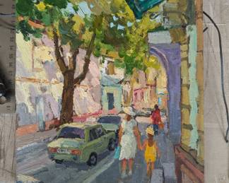 Original oil on board Makhachkala Mother/Daughter street scene, by Russian artist, AP guy.