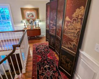 Beautiful hand-woven Persian runner, hand-painted Asian 6-panel screen, 1940's mahogany drop-leaf dining table, w/extra leaf, pair of Tiffany-style stained glass table lamps and nicely framed floral needlepoint.