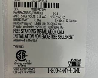 2015 Kenmore Upright Freezer 12.8 cu ft