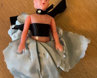 Vintage half doll in dress powder box / pin cushion