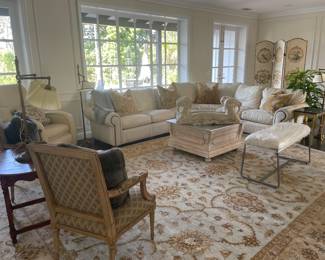 Beautiful leather large sofa, hand knotted rug, carved wood rams for a great coffee table or just as part of your decor. Fabulous MCM lamps, cool architectural coffee table and side tables, furniture bench, pr. of antique French chairs, leather massage chair. (It doesn’t recline). If interested in any large furniture we will do a presale only on big items.