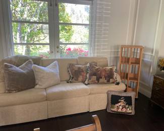 Sofa, Restoration Hardware and Ugg pillows, vintage pillows, bookcase,